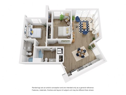 Floor plan for 2 beds, 2 baths, 833 sqft